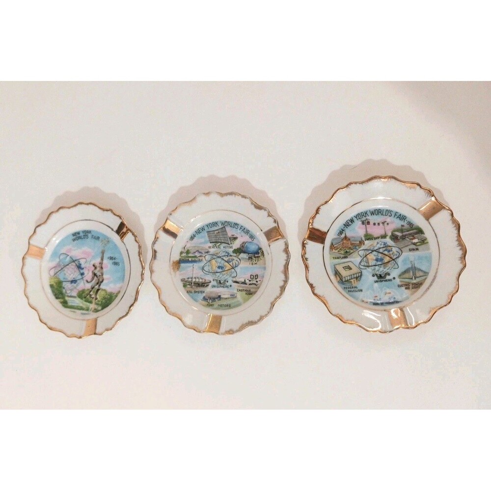 VTG 1964 1965 NY World's Fair Ceramic Ashtray Trinket Dish Lot Of 3 Unisphere